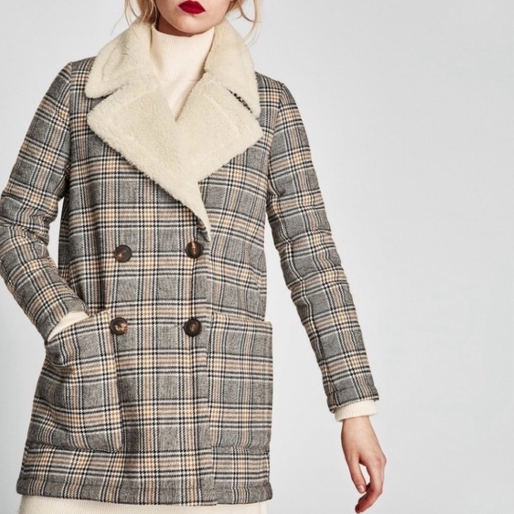 NEW! Zara Plaid Sherpa Double Breasted Button Pocket Jacket Coat Women’s Medium